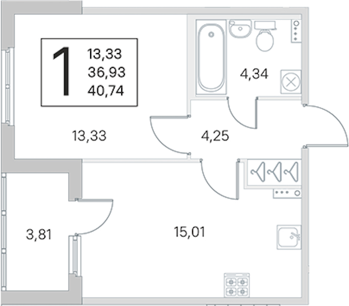 1-комнатная квартира 36.93 м², 1/4 эт., ЖК «Любоград в Стрельне»